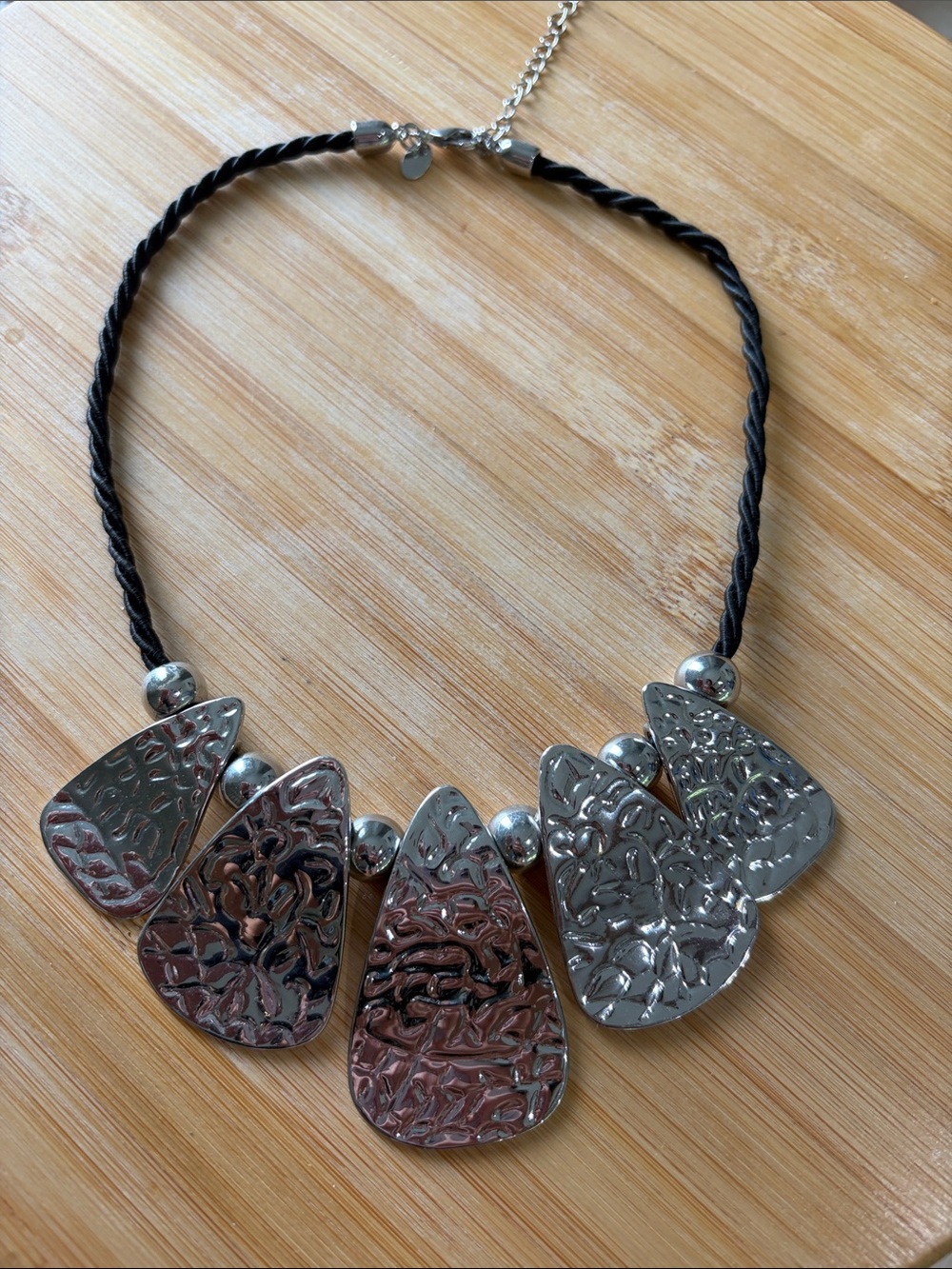 Lia Sophia Silver-Tone Textured Pendant Necklace - Black Cord